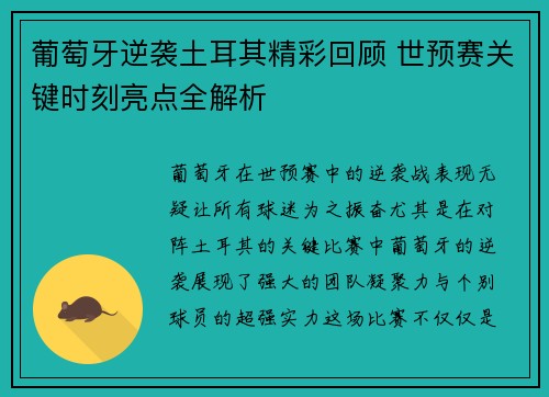 葡萄牙逆袭土耳其精彩回顾 世预赛关键时刻亮点全解析 葡萄牙逆袭土耳其精彩回顾 世预赛关键时刻亮点全解析
