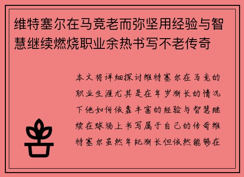 维特塞尔在马竞老而弥坚用经验与智慧继续燃烧职业余热书写不老传奇 维特塞尔在马竞老而弥坚用经验与智慧继续燃烧职业余热书写不老传奇